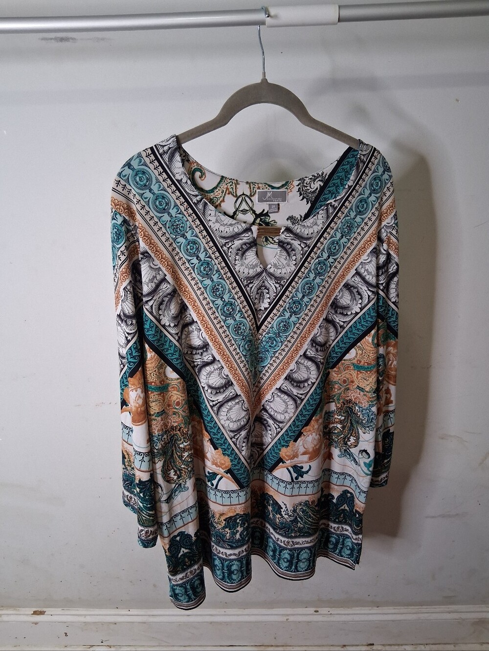 JM Collection Teal, Cream & Tan Paisley V-Neck Tunic
